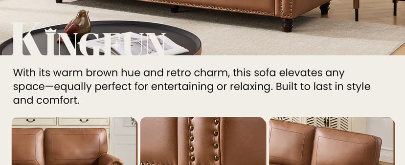 Kingfun Mid-Century Modern Couch, Faux Leather Sofa, 3 Seater Couch for Living Room with Rolled arms & Nailhead Trim, Brown