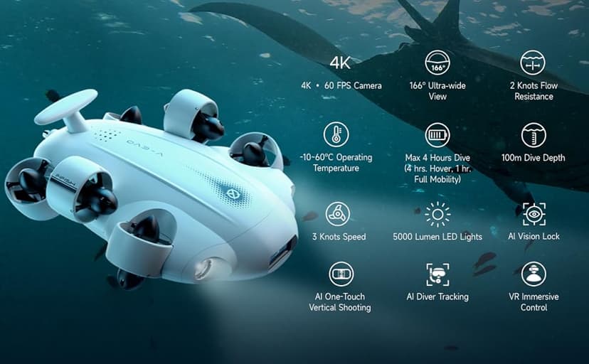 【2025 New】V-EVO 4K60FPS Underwater Drone Kit with Removal SD Card, QYSEA AI Vision Lock 360° Omnidirectional Movement Underwater ROV with Depth Hold, Portable Robot with VR Control, Posture Lock