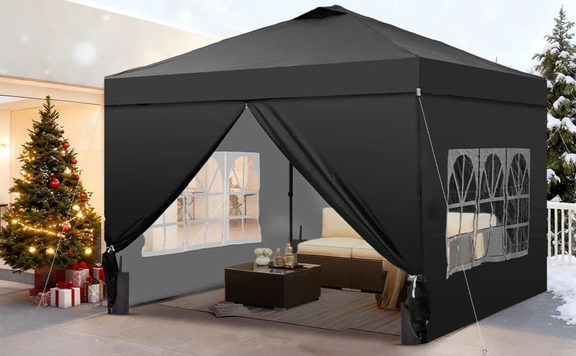GDY 10x10 Pop Up Canopy Tent with 4 Sidewalls, Easy Set up with One Push Lift Outdoor Silver Coated Beach Gazebos, Carpas with 4 Sandbags, for Events, Parties,Camping, Black.