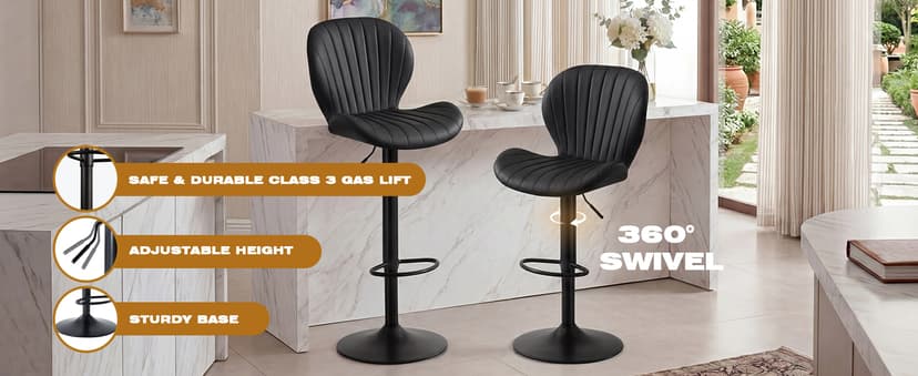 GRUSIGN Bar Stools Set of 2, Modern Swivel Adjustable Bar Chairs, Faux Leather Upholstered Counter Height Bar Stools with Backrest, Comfort Barstools for Kitchen Island, Home Bar, Black