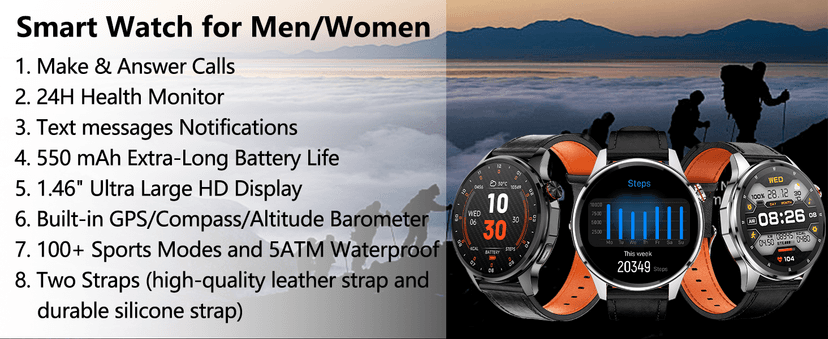 Lyaarka Smart Watches for Men,1.46" Fitness Tracker with GPS,Health Monitor,AI,Bluetooth Call/TextReply, Compass/Altitude/Barometer,100+ Sports Mode,5ATM Waterproof for Android/iPhone with 2 Straps
