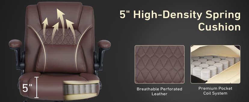 Home Office Chair with Lumbar Support, 5" Thickened Seat, Small PU Leather Rocking Desk Chair, Comfy Computer Chairs with Rolling Wheels & Adjustable Armrests for Adults, Brown