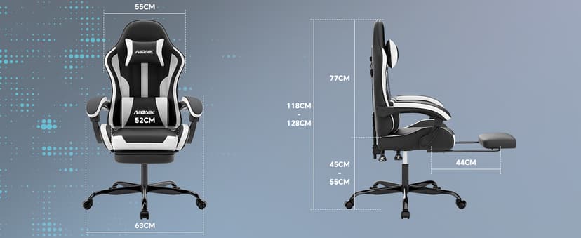 Gaming Chair, Ergonomic Computer Chair with Footrest and Lumbar Support, Height Adjustable Game Chair with 360°-Swivel Seat and Headrest and for Office or Gaming Blackwhite