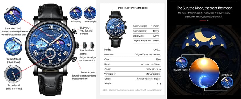 FANMIS Men's Classic Multifunctional Military Sports Analog Watch Business Dress Waterproof Luminous Chronograph Starry Sky Moon Phase Leather Wristwatch