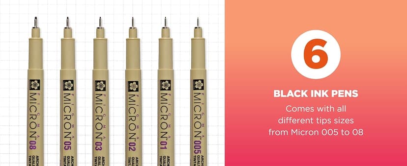 SAKURA Pigma Micron Fineliner Pens - Archival Black Ink Pens - Pens for Writing, Drawing, or Journaling - Assorted Point Sizes - 6 Pack