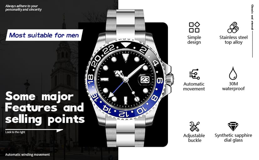 FANMIS GMT Master Sapphire Glass Blue and Black Ceramic Bezel Men's Silver Automatic Watch