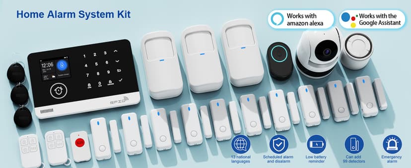Home Alarm System with Camera, 23 Pieces Wireless WiFi/GSM SMS Home Security System with Motion Detector, 120dB Alarm Siren, Remote Control, Doorbell Button and SOS Button for Villa,Warehouse