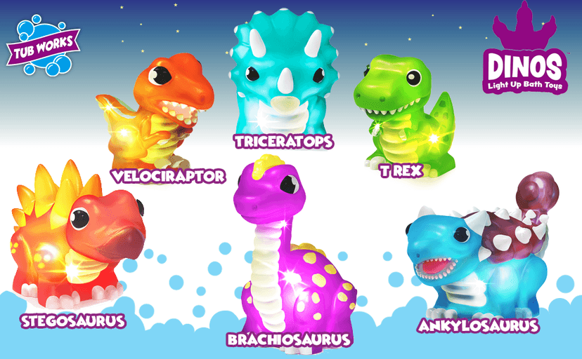Tub Works® Dinos™ Dinosaur Light Up Bath Toys, 6 Pack | Water-Activated Light Up Toys Flash & Change Color | Easy-Grip Baby & Toddler Bath Toys | Sensory Bath Lights Watertight Bathtub Toys