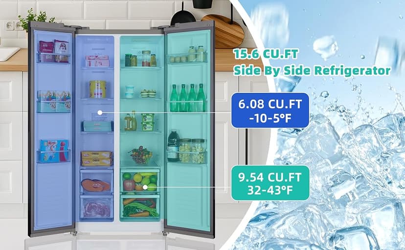 Iceblue 15.6 Cu.Ft. Side-by-side Refrigerators, 33" Full Size Refrigerator, Zoning Temperature Control Beverage Refrigerator with Freezer, Frost Free Beverage Fridge - Black Stainless Steel