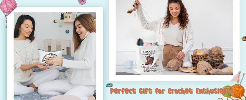 Y1tvei Crochet Canvas Tote Bag - 2Pcs Cosmetic Pouch Tote Bag Reusable Grocery Folding Shopping Bag for Crocheters Women