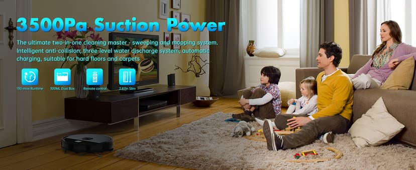 ECOHOME Robot Vacuum and Mop Combo,3500Pa Powerful Suction, with Wi-Fi/App/Remote,2 in 1 Mopping Robot Vacuum Cleaner,Dustbin and Watertank, for Pet Hair,Hard Floors and Low Pile Carpet,Black