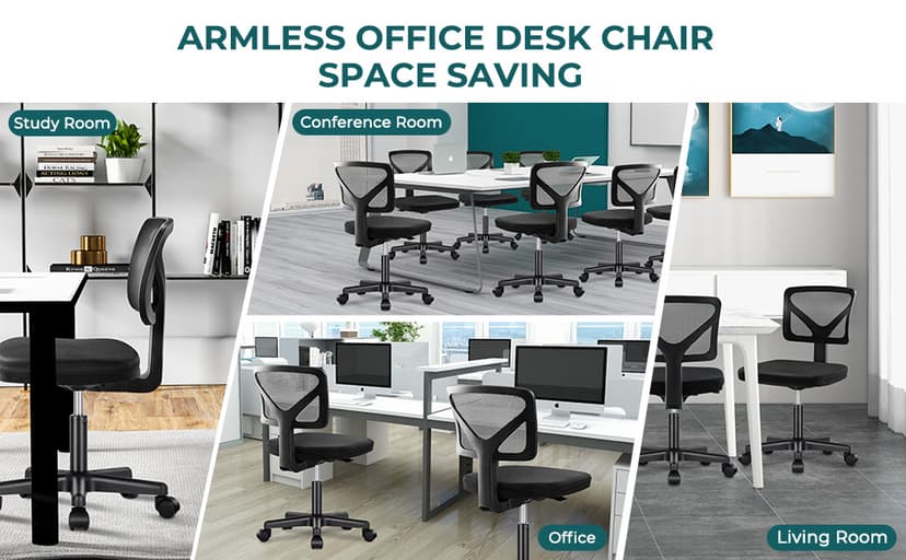 DUMOS Armless Office Chairs with Wheels, Ergonomic Adjustable Home Desk Swivel Rolling Task Chair No Arms, Comfy Mesh Mid Back Computer Work Vanity Desk Chairs for Small Spaces, New Black