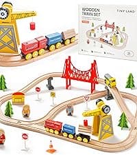 Tiny Land 55PCS Wooden Train Set - Compatible with Major Brand Tracks, Educational Toy for Toddlers & Kids Ages 3-7, Durable Wooden Railway Tracks