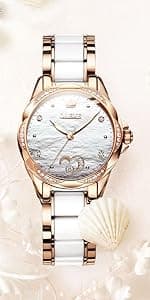 OLEVS Womens Big Face Automatic Watch, Diamond Accented Self Winding Dress Watch for Women, 50M Waterproof Day-Date Sapphire Crystal, Two Tone Stainless Steel Ceramic Band, White/Blue/Green/Red Dial