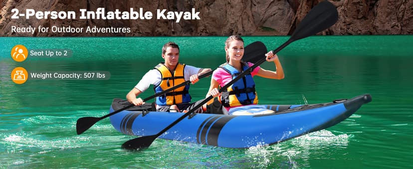 Goplus Tandem Inflatable Kayak, 12.5FT 2-Person Kayak for Adults w/507 LBS Weight Capacity, 2 Aluminium Oars, Padded Seat, 2 Fins, Hand Pump, Carry Bag, Repair Kit, Portable Touring Kayaks