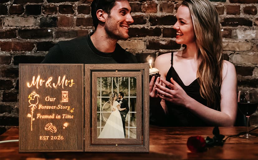Bridal Shower Gifts for Bride Groom, Wood Wedding Photo Frames 4x6 for 2 Pictures EYITUPC Rotating Light Up Mr Mrs 2026 Wood Frame Bridal Shower Wedding Gift B0G1Y2DY35