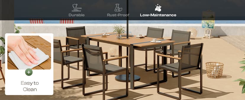 Outdoor Dining Set, HDPS + Aluminum Patio Table and Chairs Set with U-Shaped Base, 7 Piece Outdoor Furniture Set with Umbrella Hole, Patio Dining Table Set for Garden, Backyard (Gray-Teak)