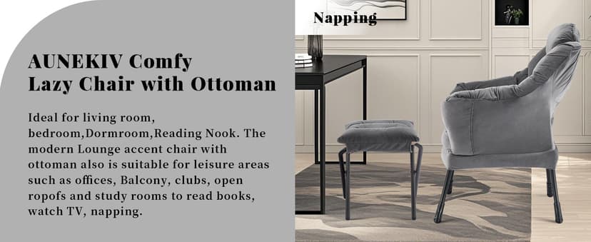 Lazy Chair with Ottoman, Comfy Accent Lounge Chair with Side Pocket, Modern Reading Armchair with Footrest, Upholstered Sofa Chair for Small Spaces, Bedroom, Living Room, Dorm, Darkgrey
