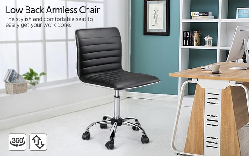 Yaheetech Adjustable Task Chair PU Leather Low Back Ribbed Armless Swivel Black Desk Chair Office Chair Wheels