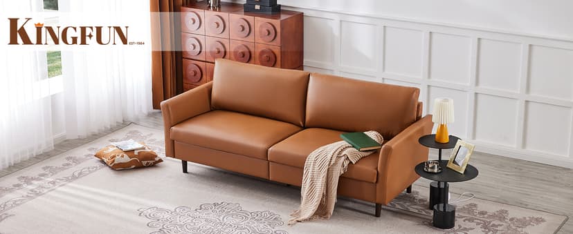 Kingfun Faux Leather 3 Seat Couch for Living Room, Mid Century Modern Sofa with Rolled Arms and Deep Seats, Fluffy Comfort for Apartment, Easy to Assemble, Chestnut