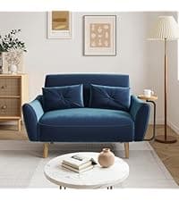 Brelice 80'' Leather Couch, Futon Sofa Bed, Faux Leather Couch with Adjustable Backrest, 2 Cup Holders & Side Pockets, Mid Century Modern Sofa for Living Room, Bedroom, Brown