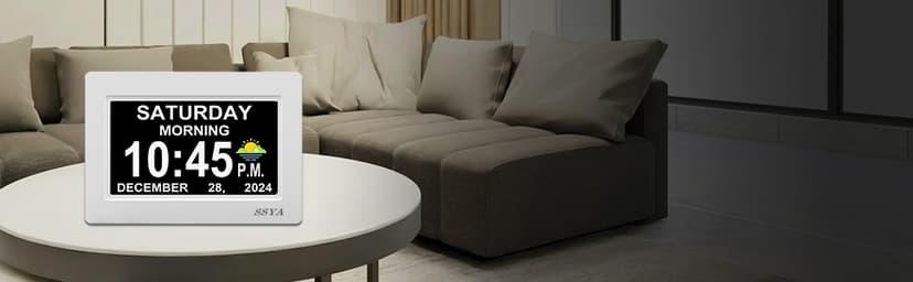 SSYA Digital Calendar Alarm Clock - Dementia Clocks for Seniors, Non-Abbreviated Memory Loss Clock with Date and Time for Elderly (White)