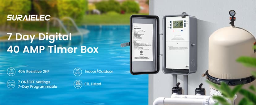 Suraielec Pool Timer, 7-Day 24-Hour Digital Pool Pump Timer, 40 AMP Heavy Duty, 120/240/277 VAC, Outdoor Metal Casing, Electric Switch Box for Swimming Pump, Hot Water Heater, Spa, Lights