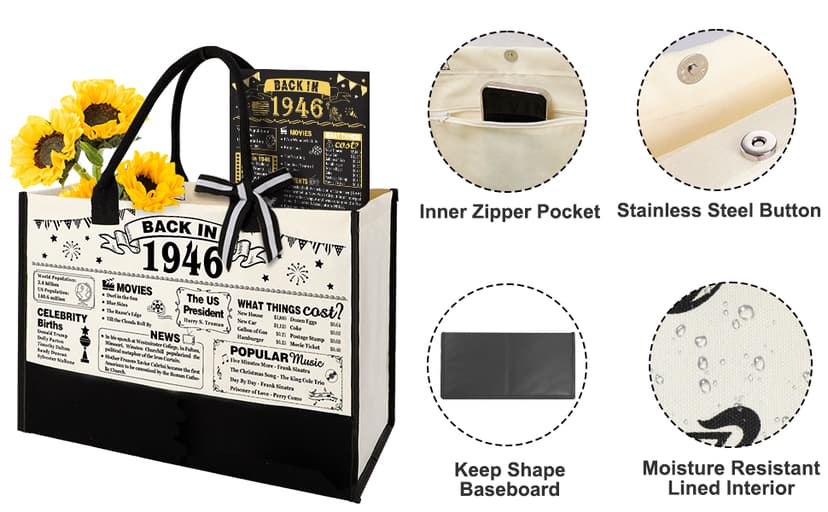 YeohJoy 80th Birthday Gifts for Women Canvas Tote Bag Travel Gear, Unique 80 Years Old Birthday Gifts for Mom Wife Aunt Friends Her, Vintage 1945 Handbag & Cosmetic Bag & Back in 1945 Poster