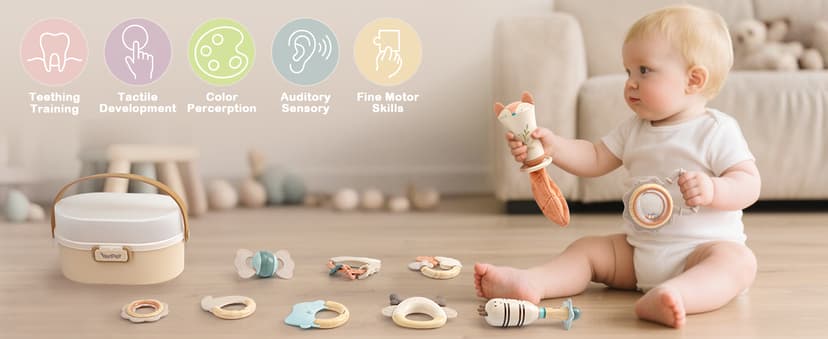 Sensory Toys with Soft Textures, Gentle Sounds & Easy-Grip Shape, Neutral Newborn Gift(10-Pack) Baby Rattles & Teethers Set, Baby Toys 0-6 Months, Teething Toys 3-6 Months B0F62MWKGD