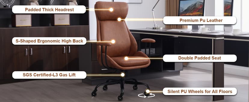 E-Motie Office Chair, Leather Desk Chair with Rubber Wheels, Ergonomic Computer Chair 500 LBS with Lumbar Support, High Back Executive Chair for Modern Home Office, Brown