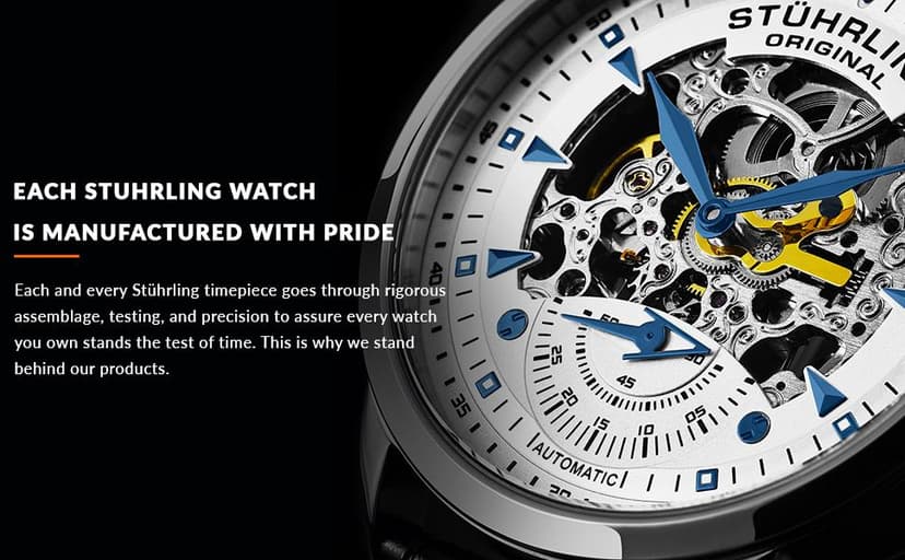 Stuhrling Original Mens Automatic Skeleton Watch - Black Leather Strap, Mechanical Silver Executive Watch