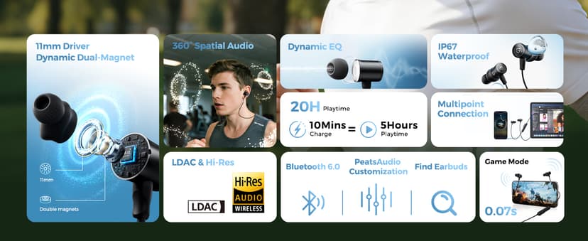 SoundPEATS Q40 HD Sports Neckband Headphones with LDAC Hi-Res Audio & Bluetooth 6.0 Stable Connection, IP67 Waterproof Wireless Earbuds, 20H Playtime for Running Gym, Fast Charge, Dual Pairing