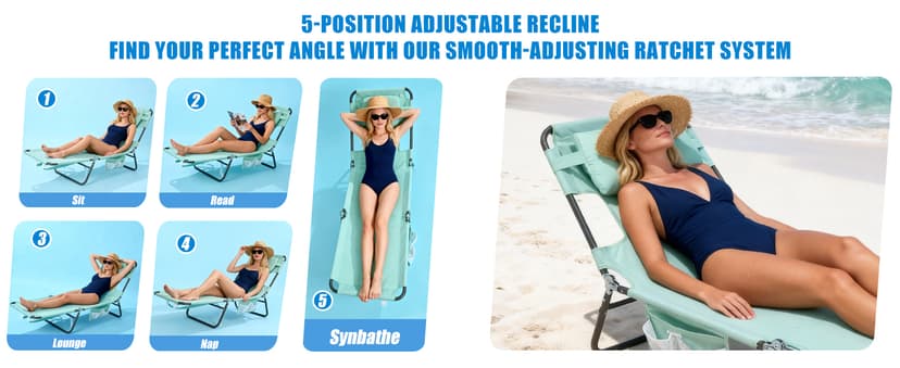 SUNNYFEEL Beach Lounge Chair, Reclining Beach Chairs Lay Flat, Sun Face Down Tanning Chair, Folding Camping Chairs Portable Camp Cot with Backpack Straps for Outdoor/Picnic/Lawn