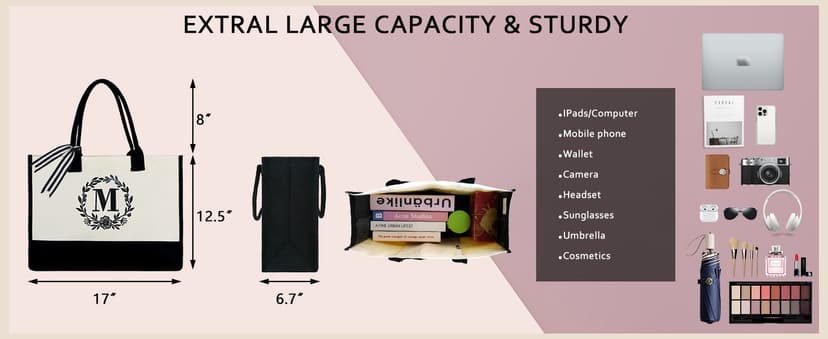 BeeGreen Embroidery Monogram Initial Tote Bag for Women Teacher Mom Friend Personalized Gift for Birthday Beach Wedding Work