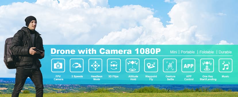 Drone with 1080P Camera, Foldable Remote Control Quadcopter for Adults Beginners, Mini Drone with Stable Hover, Waypoint Fly, 3D Flips, One Key Start, 2 Batteries, Easy to Fly Indoors & Outdoors