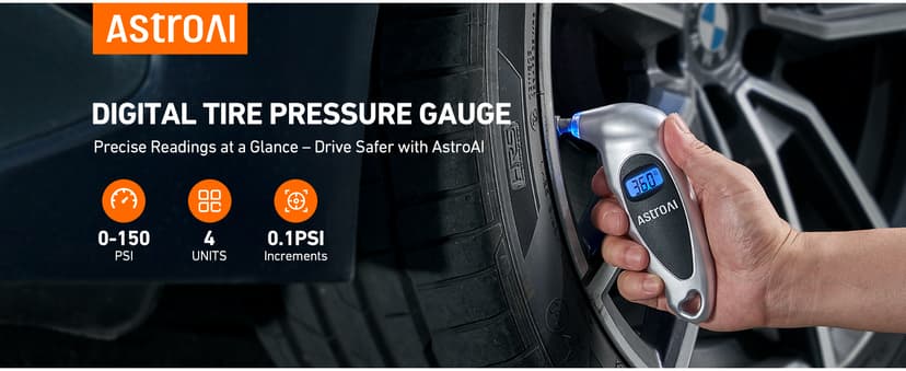 AstroAI Digital Tire Pressure Gauge 0-150PSI Calibrated to ANSI B40.7 +/-1PSI, Accurate in 0.1 Increments, 4 Units for Car Truck Bicycle with Backlight LCD, Silver