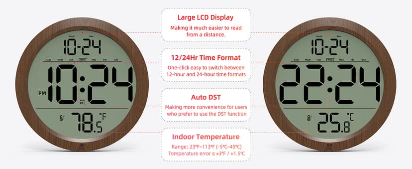 Digital Wall Clock with Date, Indoor Temperature, Auto-DST, Battery-Operated Digital Clock, 8 Inch Small Decorative Wood Wall Clock for Bedroom, Living Room, Kitchen, Office, Modern, Electric, Simple