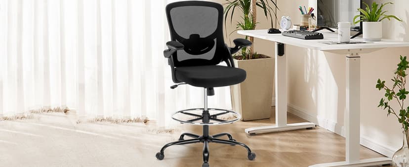 Drafting Chair, Tall Office Chair for Standing Desk, Ergonomic Standing Desk Chair with Flip-up Armrests, Counter Height Office Chair with Footrest and Adjustable Lumbar Support