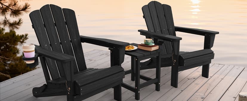 KINGYES Folding Adirondack Chair Set of 6, HDPE All-Weather Patio Chairs, Wooden Textured Lawn Chair for Poolside, Backyard, Deck, Fire Pit, Black