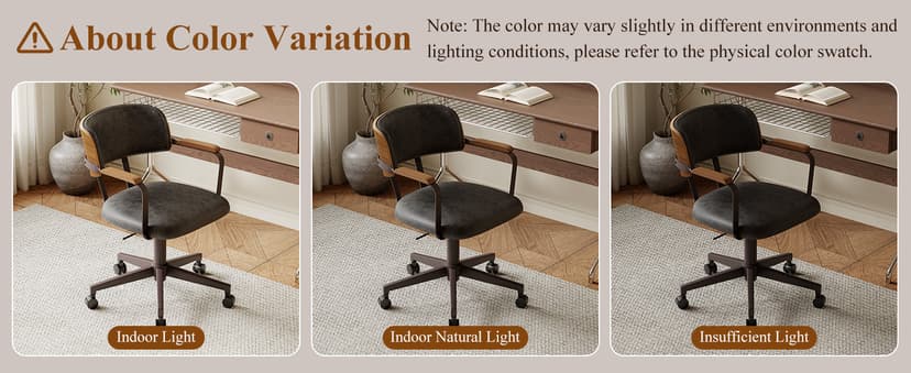 Mid-Century Modern Desk Chair with Walnut Bentwood Design,Retro Home Office Chair with Adjustable Height,360°Swivel,Smooth Rolling Casters,Small Computer Chair PU Leather (Black)