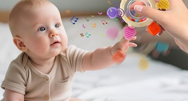 VTECHOLOGY Baby Teething Rings Toys for 0-6 6-12 Months Baby Rattle Teether Sensory Toys for Babies 0-24Months Silicone Teether Relief Chew Soothing Sore Gums for Newborn Infant Essentials BPA Free