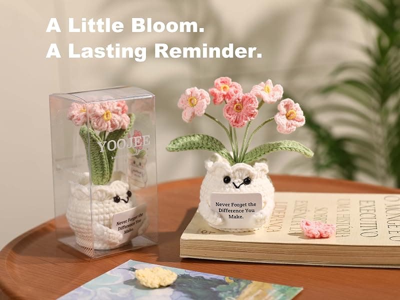 Christmas, Thank You & Encouragement Gifts for Women, Boss, Her, Friend, Sister & Bestie, Stocking Stuffers, 4.7 x 2.4 in Crochet Forget Me Not Flower Pot, Inspirational & Unique Gifts for Women B0GM8H2G47