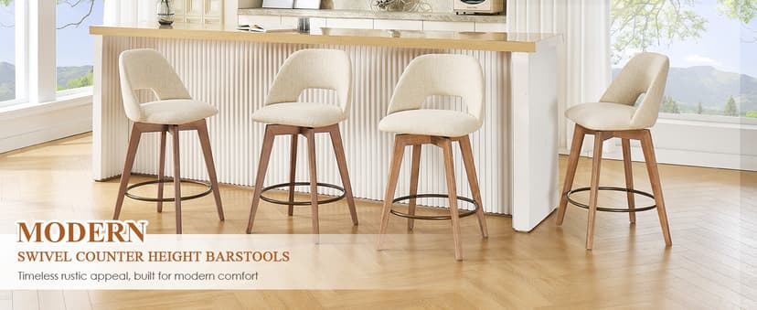 Zesthouse Swivel Farmhouse Bar Stools Set of 4, 26" Modern Counter Stools with Open Back & Natural Wood Legs, Upholstered Linen Fabric Counter Height Barstools, High Chairs for Island Kitchen, Green