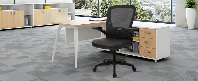 CLATINA Desk Chairs with PU Leather Seat, Flip Up Arms Ergonomic Mesh Back Office Chair with Lumbar Support, Adjustable Height Swivel Rolling Computer Chairs for Home Conference Meeting, Black, 8 Pack