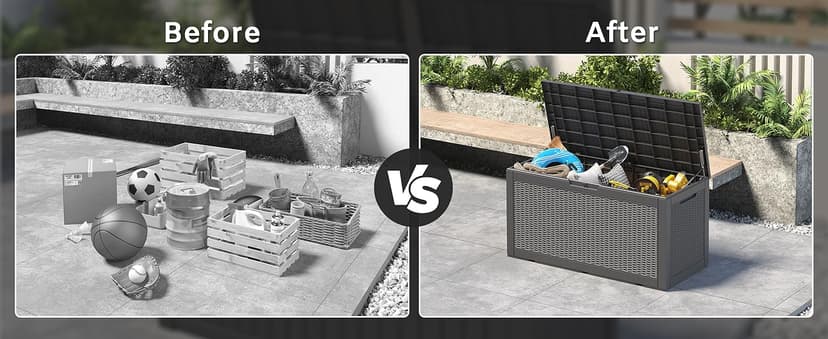 100 Gallon Outdoor Storage Box, Resin Deck Boxes Outdoor Waterproof For Patio Furniture, Garden Tools, Pool Supplies, Lockable And UV Resistant (Rattan Black)