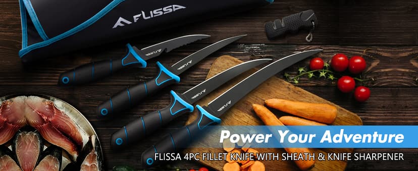 FLISSA Fillet Knife Set, Boning Knife & Bait Knives with Sharpener, Protective Sheath, Belt Clip, Non-Slip Handle, Portable Pouch & Corrosion Resistant Coating Blade, for Fresh or Saltwater (4-Piece)