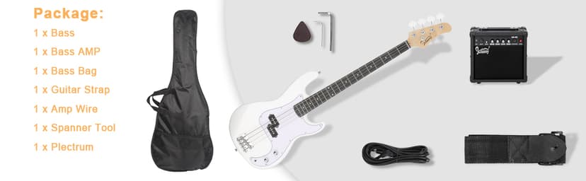 GLARRY Full Size Electric Bass Guitar Beginner Kit 4 String Exquisite Basswood Bass with 20W AMP, Cable, Strap, Bag and Accessories (White, 39"Right Handed)
