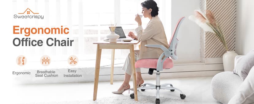 Sweetcrispy Home Office Computer Desk Chair, Ergonomic Mid-Back Mesh Rolling Work Swivel Task Chairs with Wheels, Comfortable Lumbar Support, Comfy Flip-up Arms for Bedroom, Study, Student, Pink