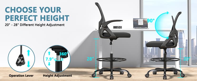 Kensaker Drafting Chair Tall Office Chair, Ergonomic Standing Desk Chair with Adjustable Foot Ring and Flip-up Armrests, Mesh Computer Chair for Art Studio, 300 LBS, Black