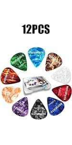 ROTOPATA Guitar Picks with Organizer Storage Box, 0.5 0.75 1.0 mm Thin Medium Heavy Plectrums, Colorful Celluloid Guitar Accessories for Bass Electric Acoustic Guitars Ukulele, 15 Pack